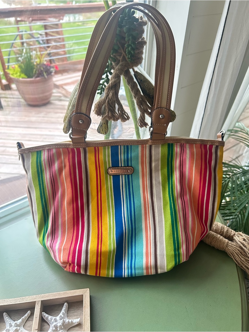 Multicolor Stripe Canvas Tote - Brown Leather Handles